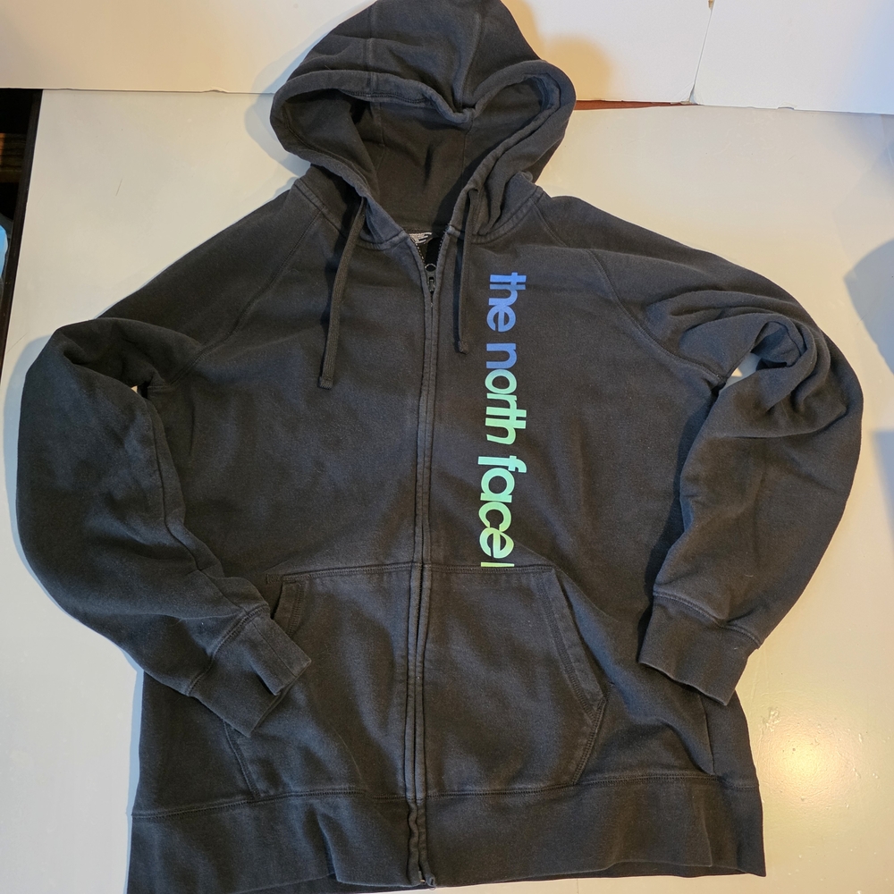 The North Face Charcoal Hoodie with Blue and Green Text